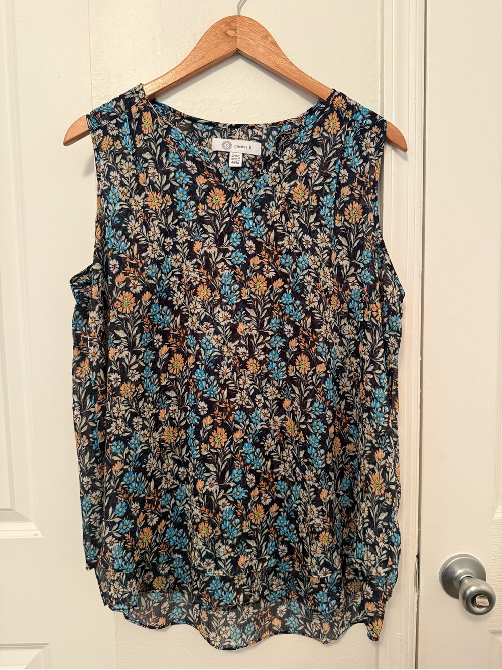 Cristina B. Floral Sleeveless V-Neck Tunic in Black with Teal and Tan Flowers